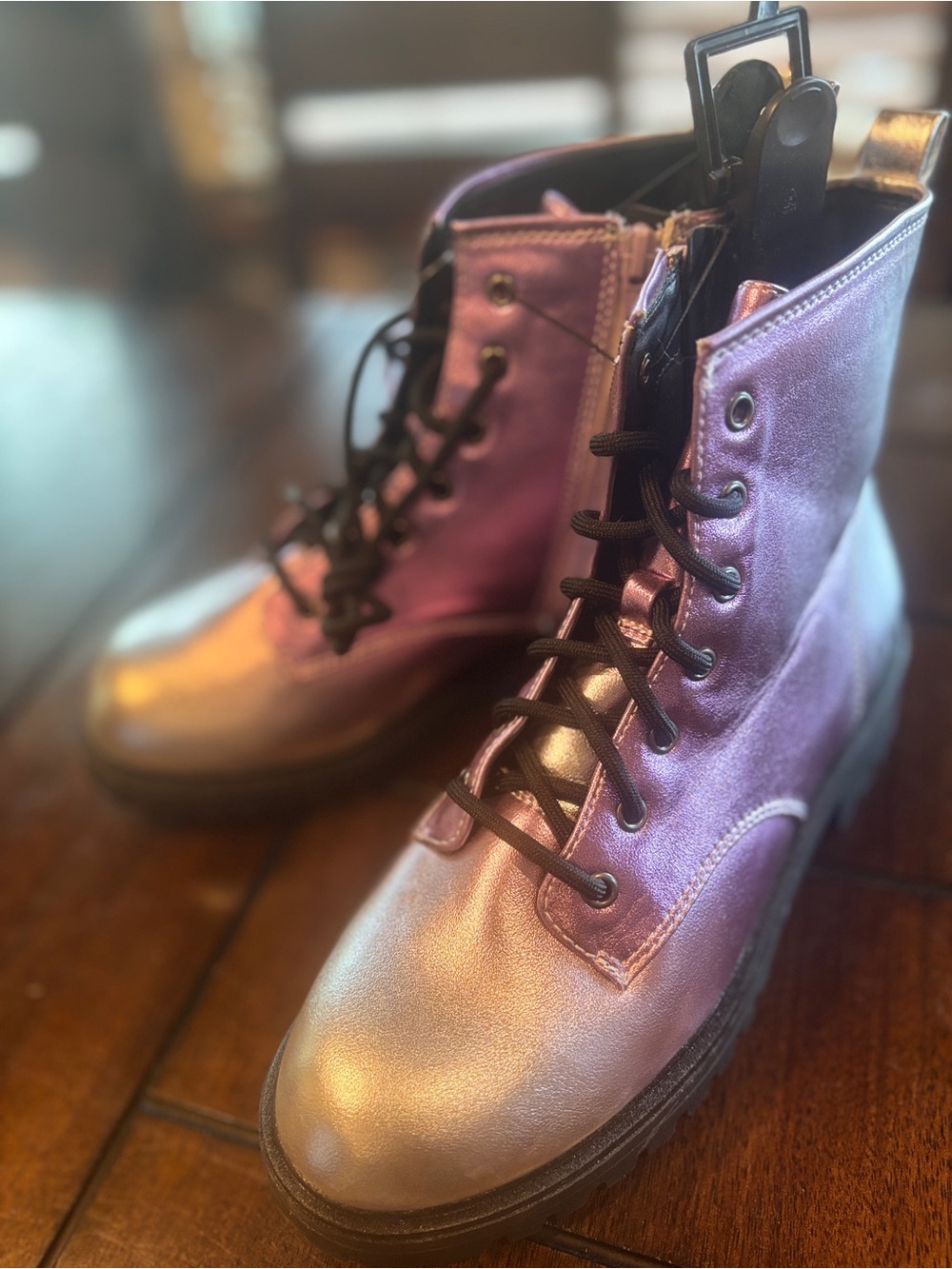 Iridescent Purple Combat Lace-Up Ankle Boots